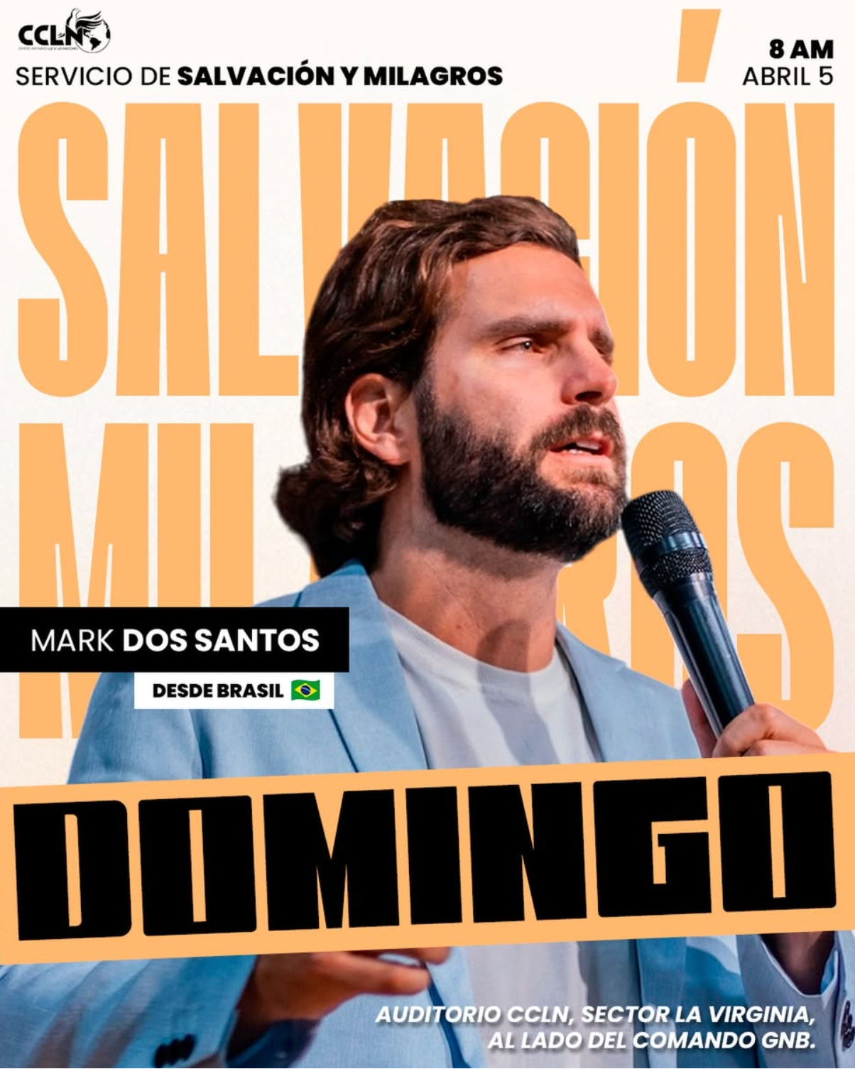 Promotional poster for a christian event featuring a man with a microphone, text in Spanish, and branding elements.