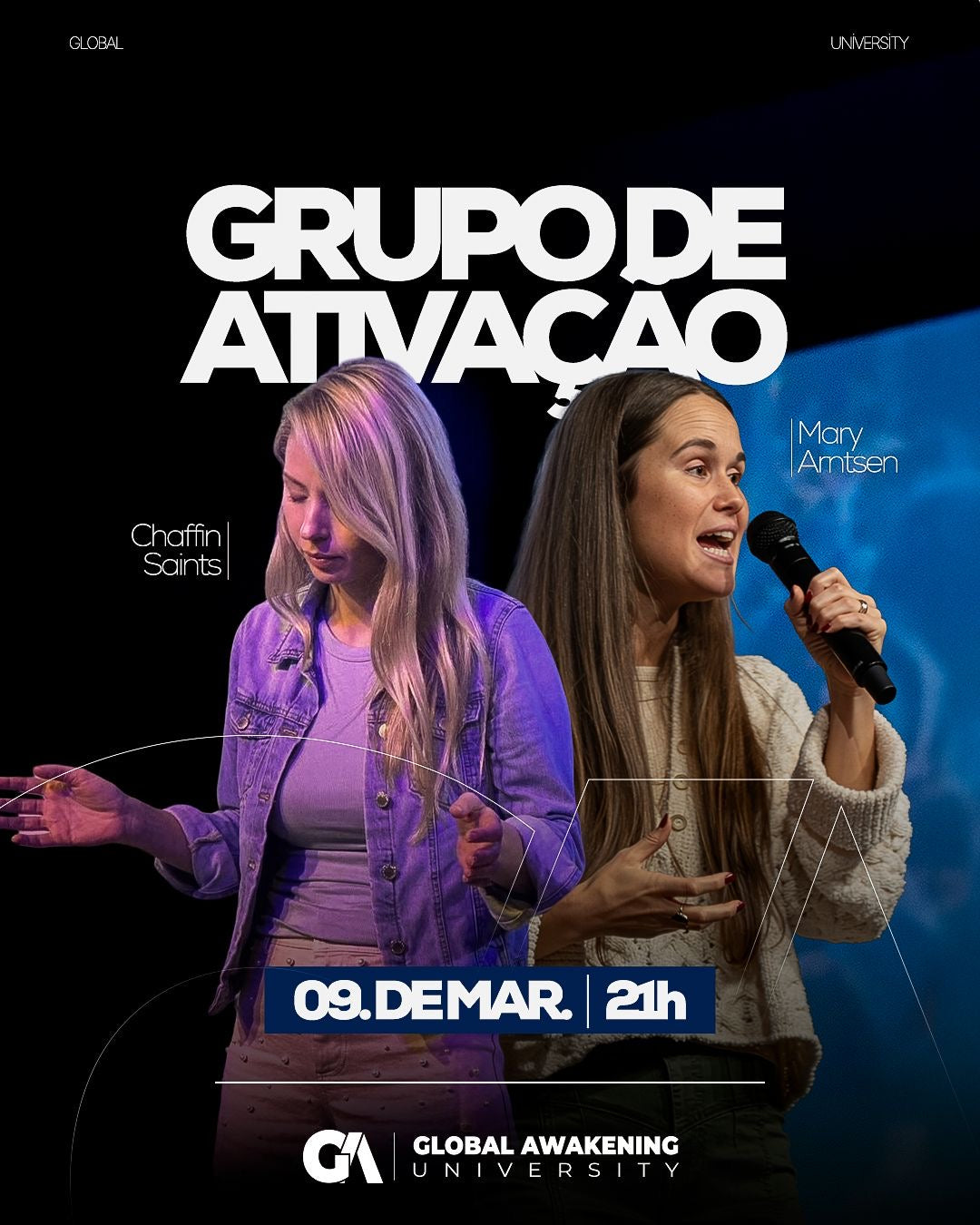Promotional poster for 'Gruppo de Ativaçõo' event with two women speaking, featuring text and logos.
