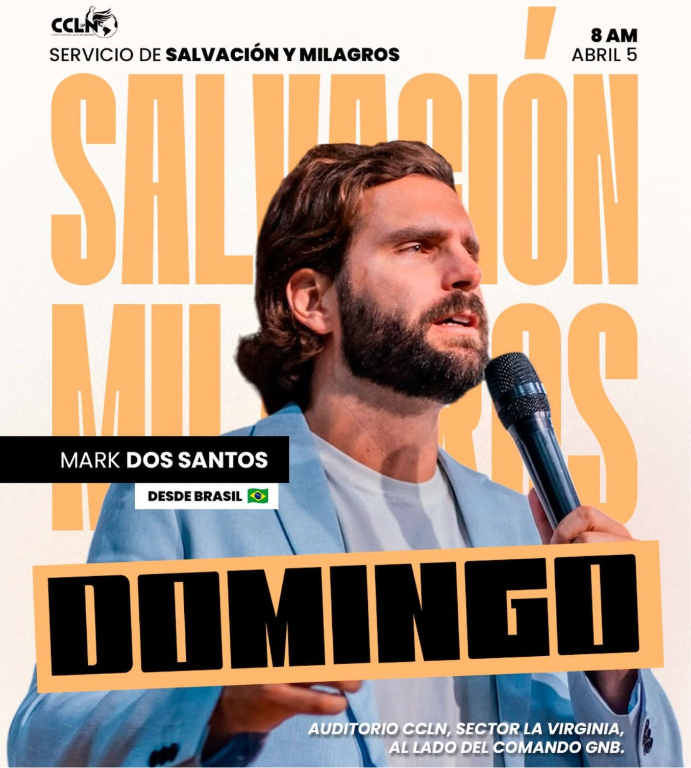 Promotional poster for a christian event featuring a man with a microphone, text in Spanish, and branding elements.